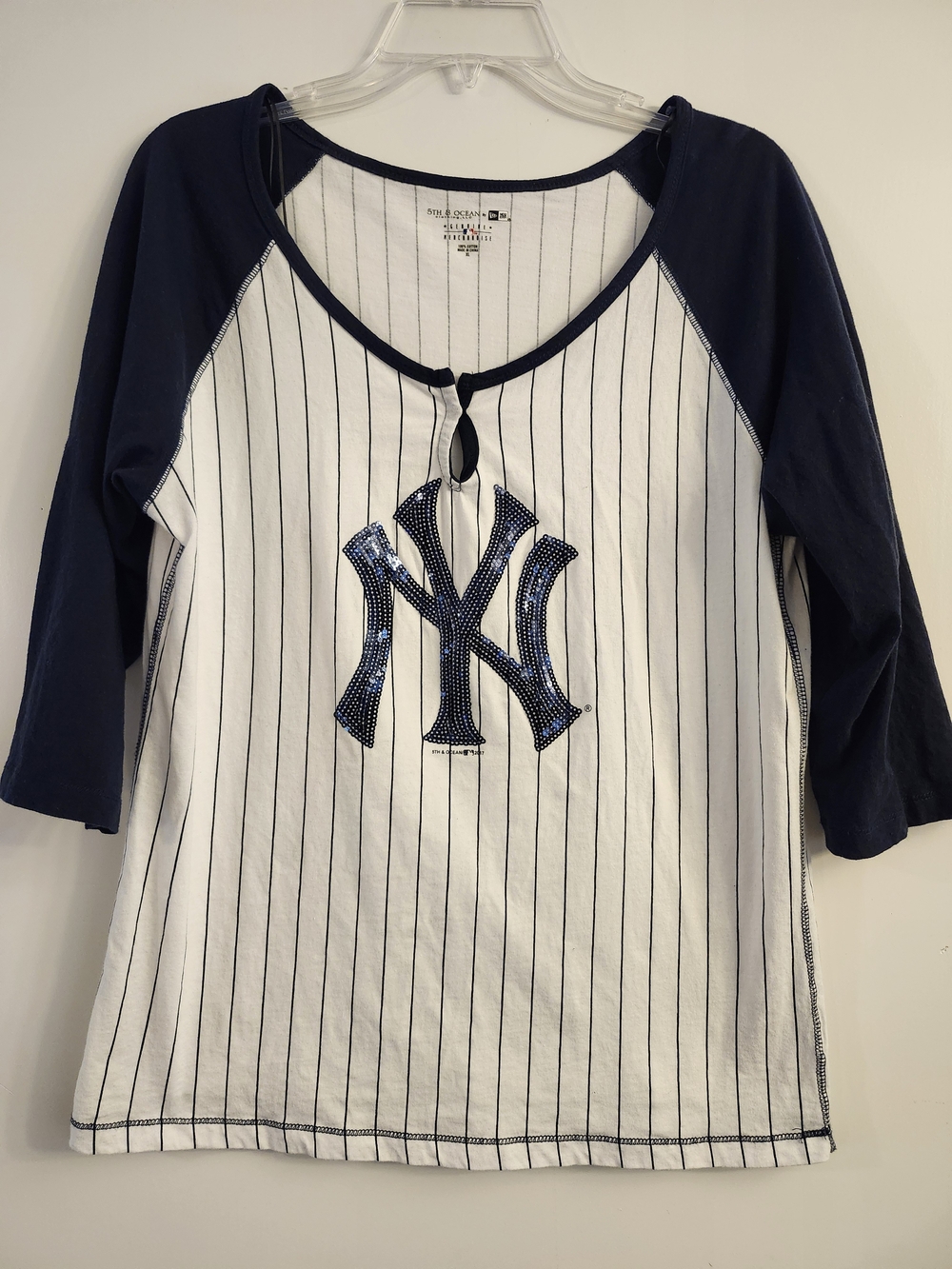 5th & Ocean White Pinstripe Baseball Tee with Navy Sleeves & Sequin Logo